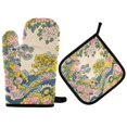 thumbnail image 1 of Yayeee Oven Mitts and Pot Holder Set of 2 Heat Resistant Kitchen Gloves Baking Hot Pad, Pink Floral Wave, 1 of 5