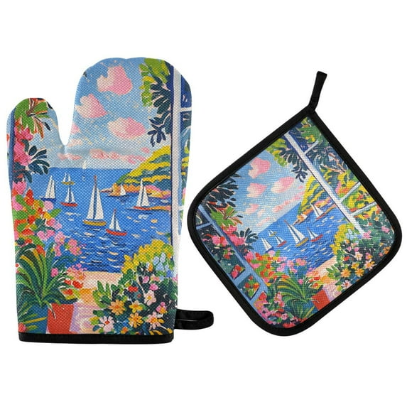Yayeee Oven Mitts and Pot Holder Set of 2 Heat Resistant Kitchen Gloves Baking Hot Pad, Pink Floral Window