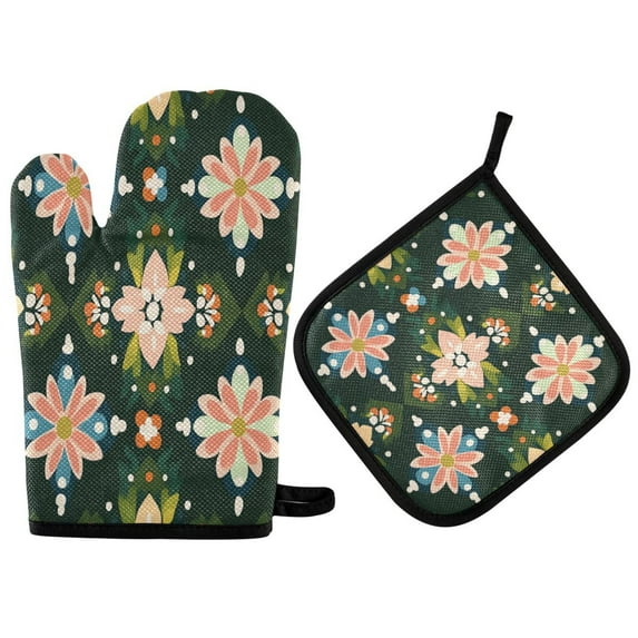 Yayeee Oven Mitts and Pot Holder Set of 2 Heat Resistant Kitchen Gloves Baking Hot Pad, Pink Geometric Flowers