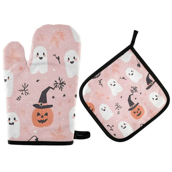 Yayeee Oven Mitts and Pot Holder Set of 2 Heat Resistant Kitchen Gloves Baking Hot Pad, Pink Halloween Ghosts