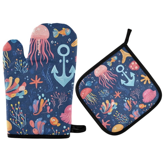 Yayeee Oven Mitts and Pot Holder Set of 2 Heat Resistant Kitchen Gloves Baking Hot Pad, Pink Jellyfish