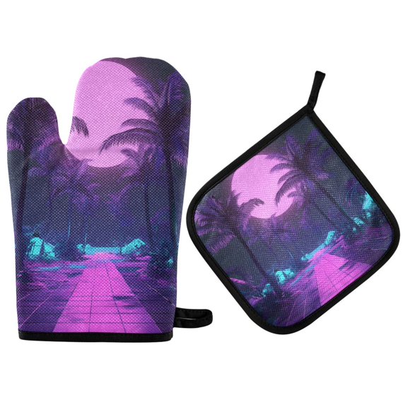 Yayeee Oven Mitts and Pot Holder Set of 2 Heat Resistant Kitchen Gloves Baking Hot Pad, Pink Neon Road
