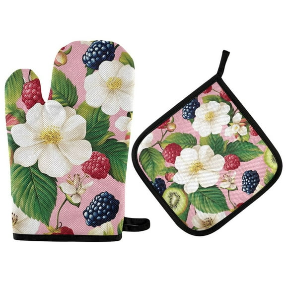 Yayeee Oven Mitts and Pot Holder Set of 2 Heat Resistant Kitchen Gloves Baking Hot Pad, Pink Raspberries