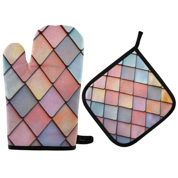 Yayeee Oven Mitts and Pot Holder Set of 2 Heat Resistant Kitchen Gloves Baking Hot Pad, Pink Shimmering Pattern