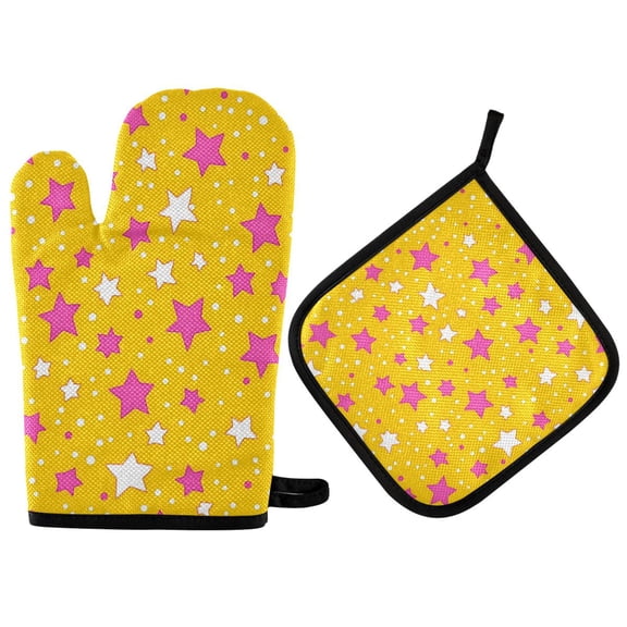Yayeee Oven Mitts and Pot Holder Set of 2 Heat Resistant Kitchen Gloves Baking Hot Pad, Pink Stars