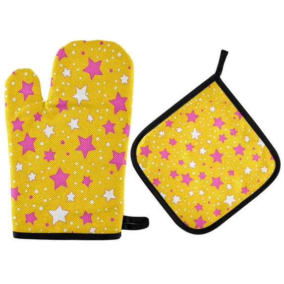 Yayeee Oven Mitts and Pot Holder Set of 2 Heat Resistant Kitchen Gloves Baking Hot Pad, Pink Stars