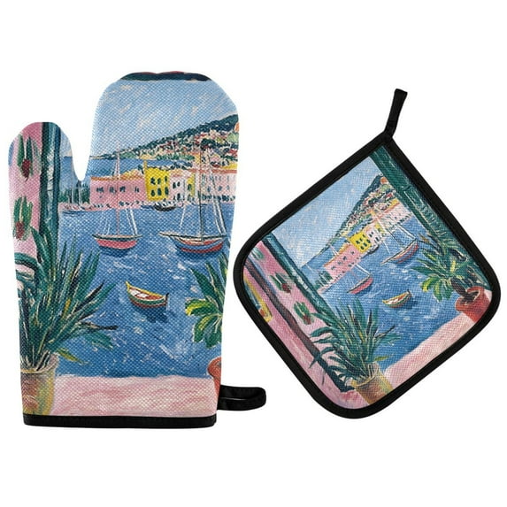 Yayeee Oven Mitts and Pot Holder Set of 2 Heat Resistant Kitchen Gloves Baking Hot Pad, Pink Window