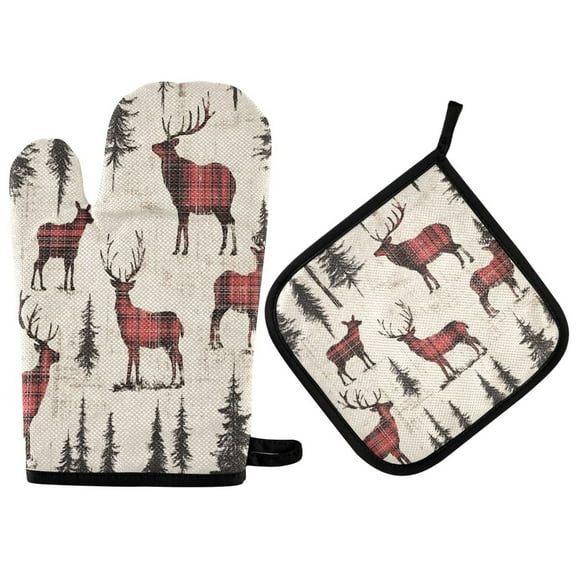 Yayeee Oven Mitts and Pot Holder Set of 2 Heat Resistant Kitchen Gloves Baking Hot Pad, Plaid Deer