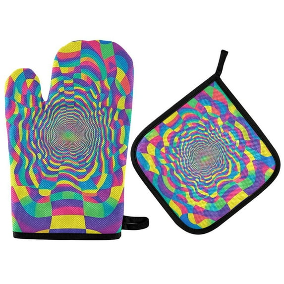 Yayeee Oven Mitts and Pot Holder Set of 2 Heat Resistant Kitchen Gloves Baking Hot Pad, Psychedelic Pattern