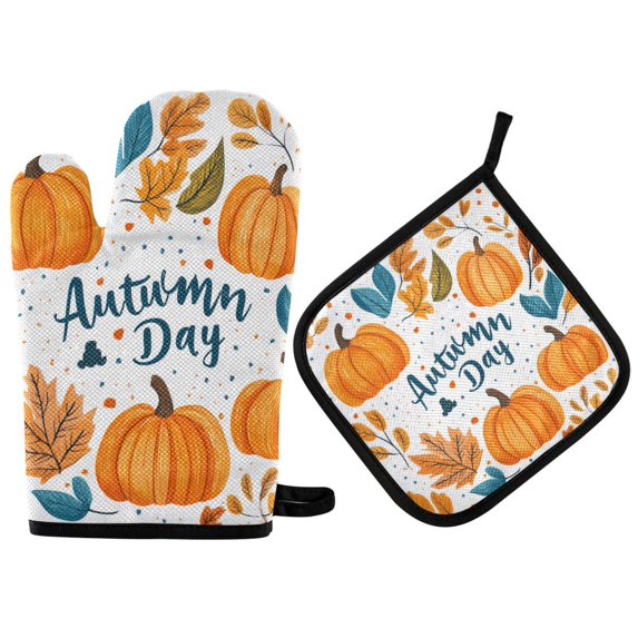 Yayeee Oven Mitts and Pot Holder Set of 2 Heat Resistant Kitchen Gloves Baking Hot Pad, Pumpkins Pattern