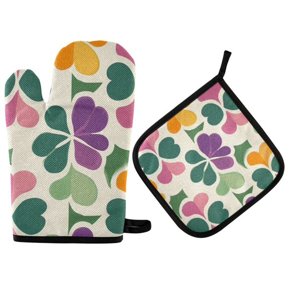 Yayeee Oven Mitts and Pot Holder Set of 2 Heat Resistant Kitchen Gloves Baking Hot Pad, Purple Clover Pattern