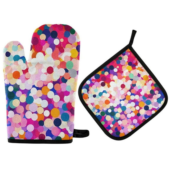 Yayeee Oven Mitts and Pot Holder Set of 2 Heat Resistant Kitchen Gloves Baking Hot Pad, Purple Colorful Circles