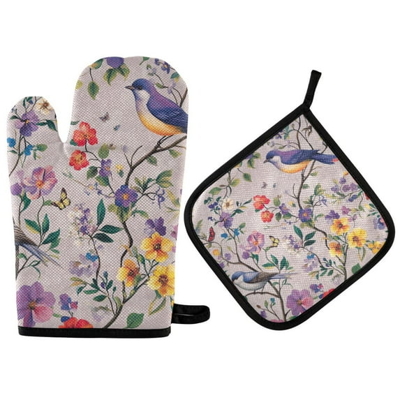 Yayeee Oven Mitts and Pot Holder Set of 2 Heat Resistant Kitchen Gloves Baking Hot Pad, Purple Floral Pattern
