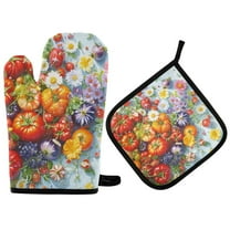 Yayeee Oven Mitts and Pot Holder Set of 2 Heat Resistant Kitchen Gloves Baking Hot Pad, Purple Floral Tomatoes