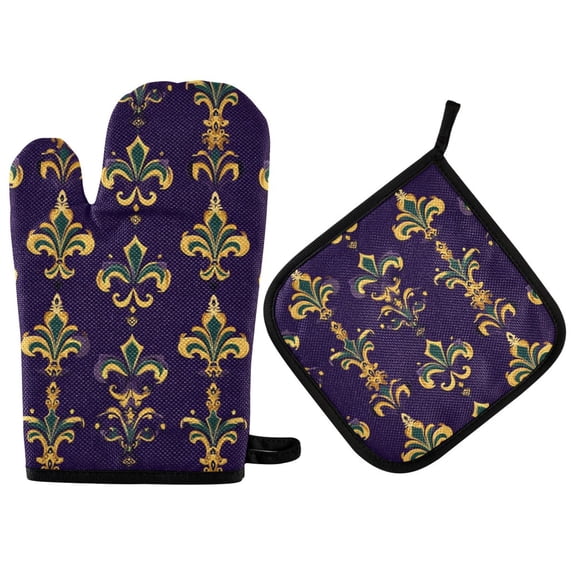 Yayeee Oven Mitts and Pot Holder Set of 2 Heat Resistant Kitchen Gloves Baking Hot Pad, Purple Flowers Pattern