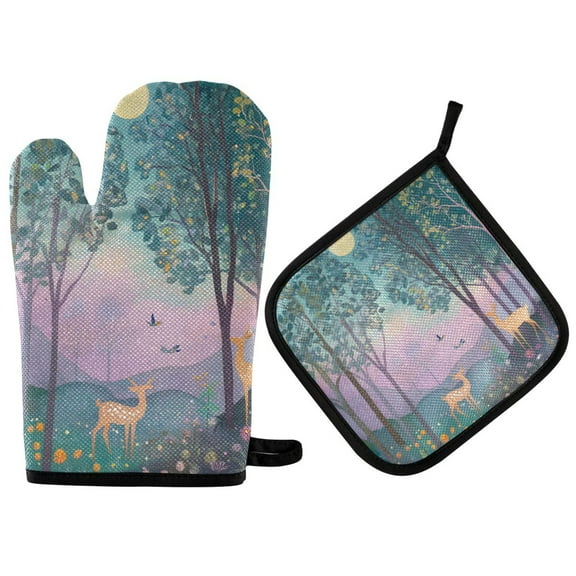 Yayeee Oven Mitts and Pot Holder Set of 2 Heat Resistant Kitchen Gloves Baking Hot Pad, Purple Forest Scene