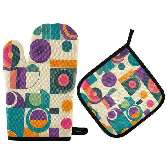 Yayeee Oven Mitts and Pot Holder Set of 2 Heat Resistant Kitchen Gloves Baking Hot Pad, Purple Geometric
