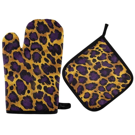 Yayeee Oven Mitts and Pot Holder Set of 2 Heat Resistant Kitchen Gloves Baking Hot Pad, Purple Leopard Pattern