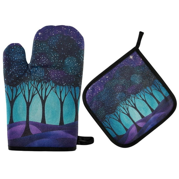 Yayeee Oven Mitts and Pot Holder Set of 2 Heat Resistant Kitchen Gloves Baking Hot Pad, Purple Moonlight Forest