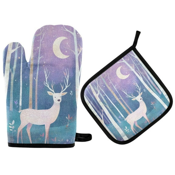 Yayeee Oven Mitts and Pot Holder Set of 2 Heat Resistant Kitchen Gloves Baking Hot Pad, Purple Night Deer
