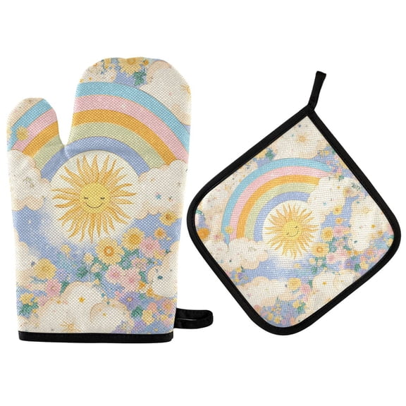 Yayeee Oven Mitts and Pot Holder Set of 2 Heat Resistant Kitchen Gloves Baking Hot Pad, Purple Rainbow Clouds