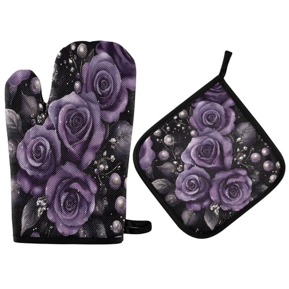 Yayeee Oven Mitts and Pot Holder Set of 2 Heat Resistant Kitchen Gloves Baking Hot Pad, Purple Roses