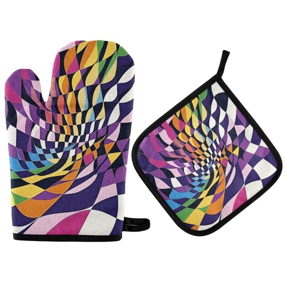 Yayeee Oven Mitts and Pot Holder Set of 2 Heat Resistant Kitchen Gloves Baking Hot Pad, Purple Wavy Plaid