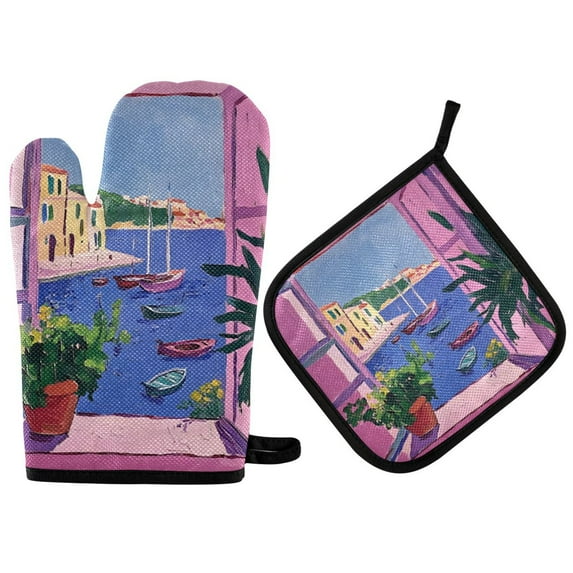 Yayeee Oven Mitts and Pot Holder Set of 2 Heat Resistant Kitchen Gloves Baking Hot Pad, Purple Window Scene