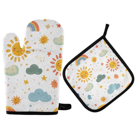 Yayeee Oven Mitts and Pot Holder Set of 2 Heat Resistant Kitchen Gloves Baking Hot Pad, Rainbows Pattern