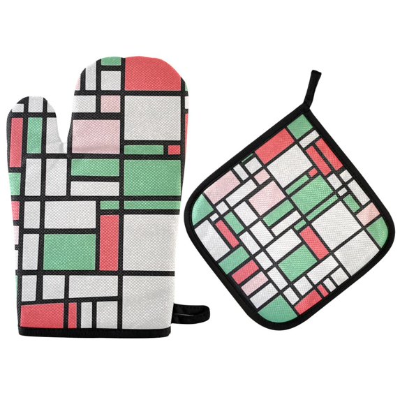 Yayeee Oven Mitts and Pot Holder Set of 2 Heat Resistant Kitchen Gloves Baking Hot Pad, Red Abstract Geometric