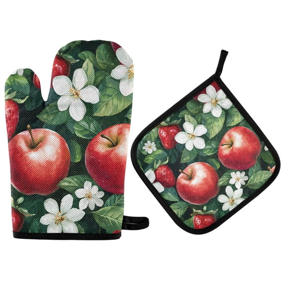 Yayeee Oven Mitts and Pot Holder Set of 2 Heat Resistant Kitchen Gloves Baking Hot Pad, Red Apple Pattern