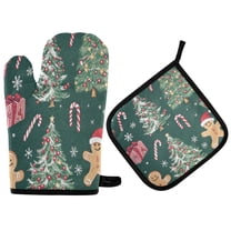 Yayeee Oven Mitts and Pot Holder Set of 2 Heat Resistant Kitchen Gloves Baking Hot Pad, Red Christmas Gingerbread