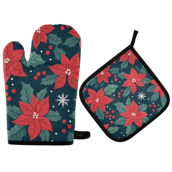 Yayeee Oven Mitts and Pot Holder Set of 2 Heat Resistant Kitchen Gloves Baking Hot Pad, Red Christmas Leaves