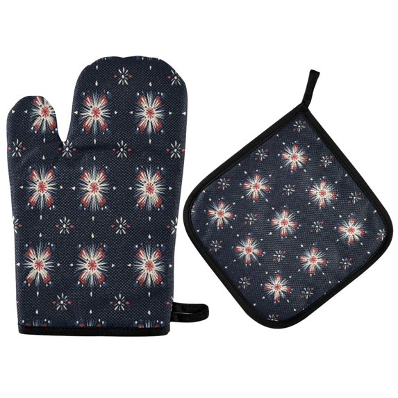 Yayeee Oven Mitts and Pot Holder Set of 2 Heat Resistant Kitchen Gloves Baking Hot Pad, Red Fireworks Pattern