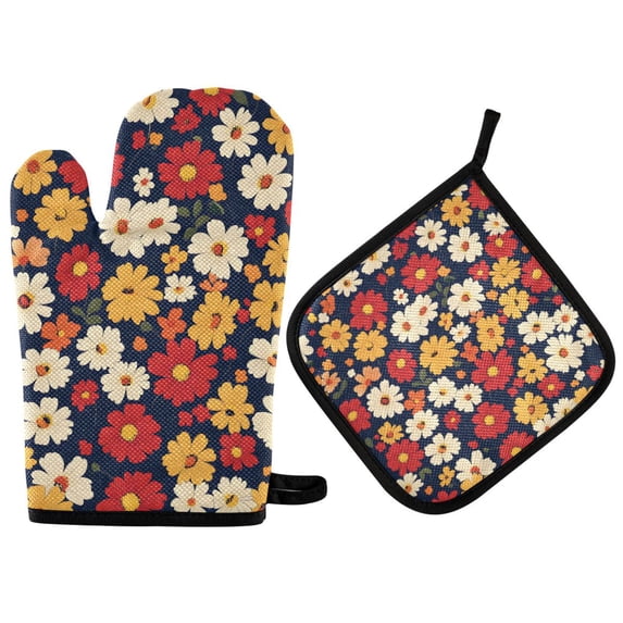 Yayeee Oven Mitts and Pot Holder Set of 2 Heat Resistant Kitchen Gloves Baking Hot Pad, Red Floral