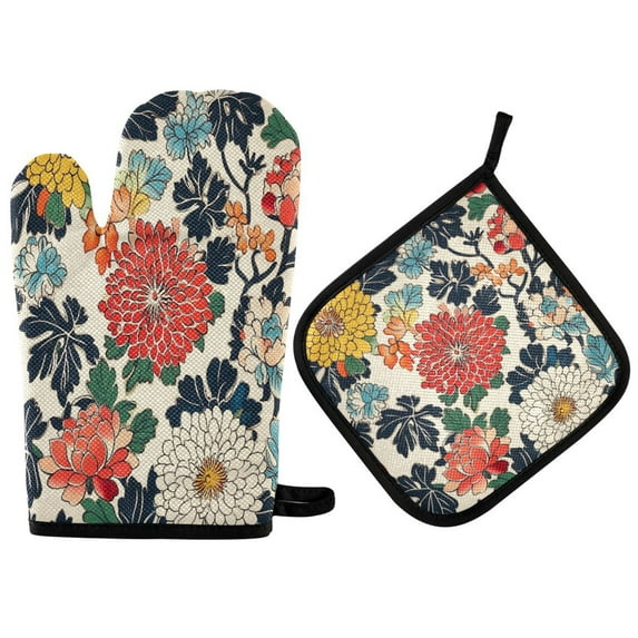 Yayeee Oven Mitts and Pot Holder Set of 2 Heat Resistant Kitchen Gloves Baking Hot Pad, Red Flowers Pattern