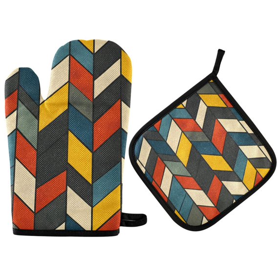 Yayeee Oven Mitts and Pot Holder Set of 2 Heat Resistant Kitchen Gloves Baking Hot Pad, Red Geometric