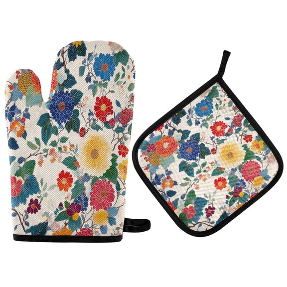 Yayeee Oven Mitts and Pot Holder Set of 2 Heat Resistant Kitchen Gloves Baking Hot Pad, Red Japanese Floral Pattern