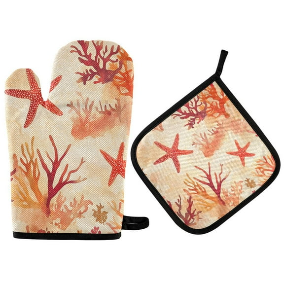 Yayeee Oven Mitts and Pot Holder Set of 2 Heat Resistant Kitchen Gloves Baking Hot Pad, Red Starfish