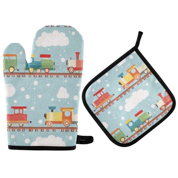 Yayeee Oven Mitts and Pot Holder Set of 2 Heat Resistant Kitchen Gloves Baking Hot Pad, Red Trains Pattern