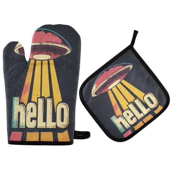 Yayeee Oven Mitts and Pot Holder Set of 2 Heat Resistant Kitchen Gloves Baking Hot Pad, Red UFO