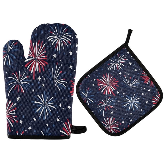 Yayeee Oven Mitts and Pot Holder Set of 2 Heat Resistant Kitchen Gloves Baking Hot Pad, Red and Blue Fireworks Pattern