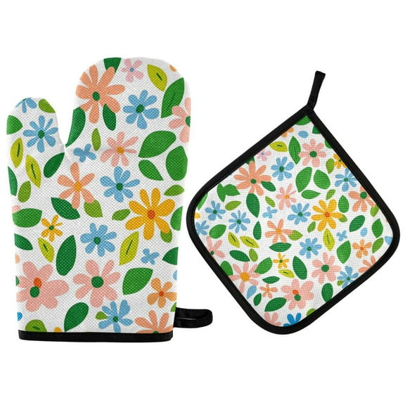 Yayeee Oven Mitts and Pot Holder Set of 2 Heat Resistant Kitchen Gloves Baking Hot Pad, Retro Blue Floral