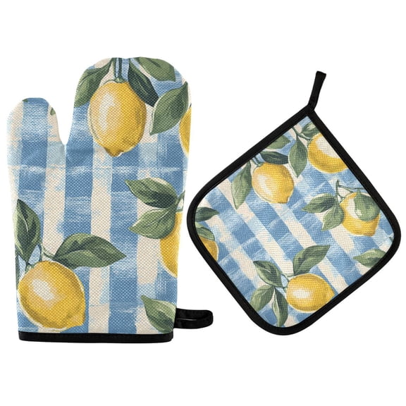 Yayeee Oven Mitts and Pot Holder Set of 2 Heat Resistant Kitchen Gloves Baking Hot Pad, Retro Lemon Leaves