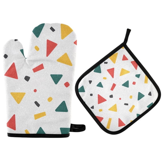 Yayeee Oven Mitts and Pot Holder Set of 2 Heat Resistant Kitchen Gloves Baking Hot Pad, Retro Shapes