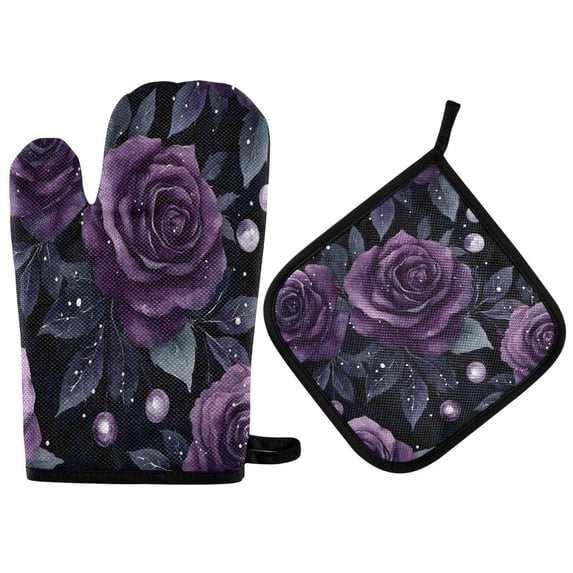 Yayeee Oven Mitts and Pot Holder Set of 2 Heat Resistant Kitchen Gloves Baking Hot Pad, Roses and Pearls