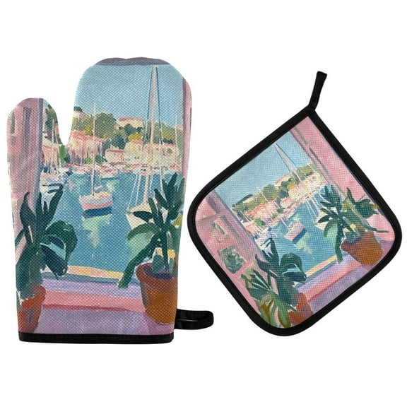 Yayeee Oven Mitts and Pot Holder Set of 2 Heat Resistant Kitchen Gloves Baking Hot Pad, Sea Boat