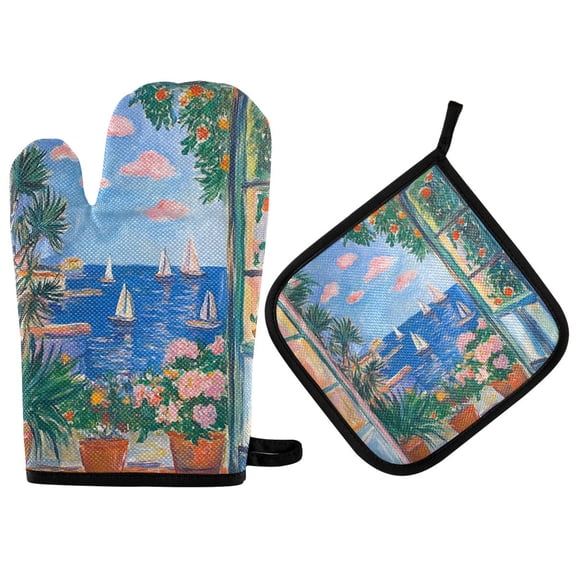 Yayeee Oven Mitts and Pot Holder Set of 2 Heat Resistant Kitchen Gloves Baking Hot Pad, Sea Window