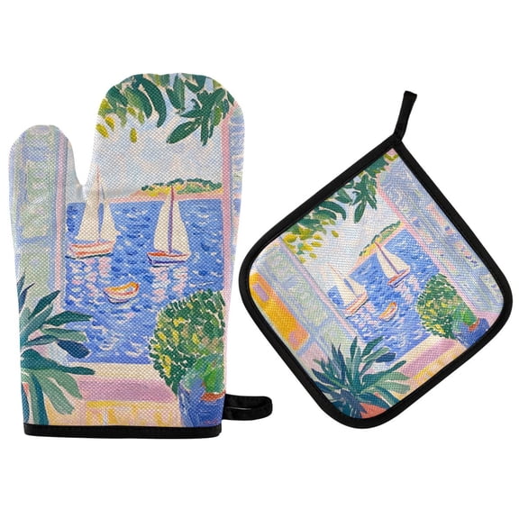 Yayeee Oven Mitts and Pot Holder Set of 2 Heat Resistant Kitchen Gloves Baking Hot Pad, Seaside Boat