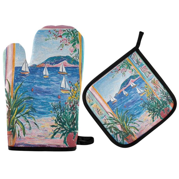 Yayeee Oven Mitts and Pot Holder Set of 2 Heat Resistant Kitchen Gloves Baking Hot Pad, Seaside Door